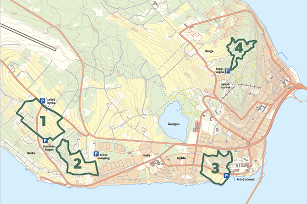 karta över fyra naturstigar på Frösön