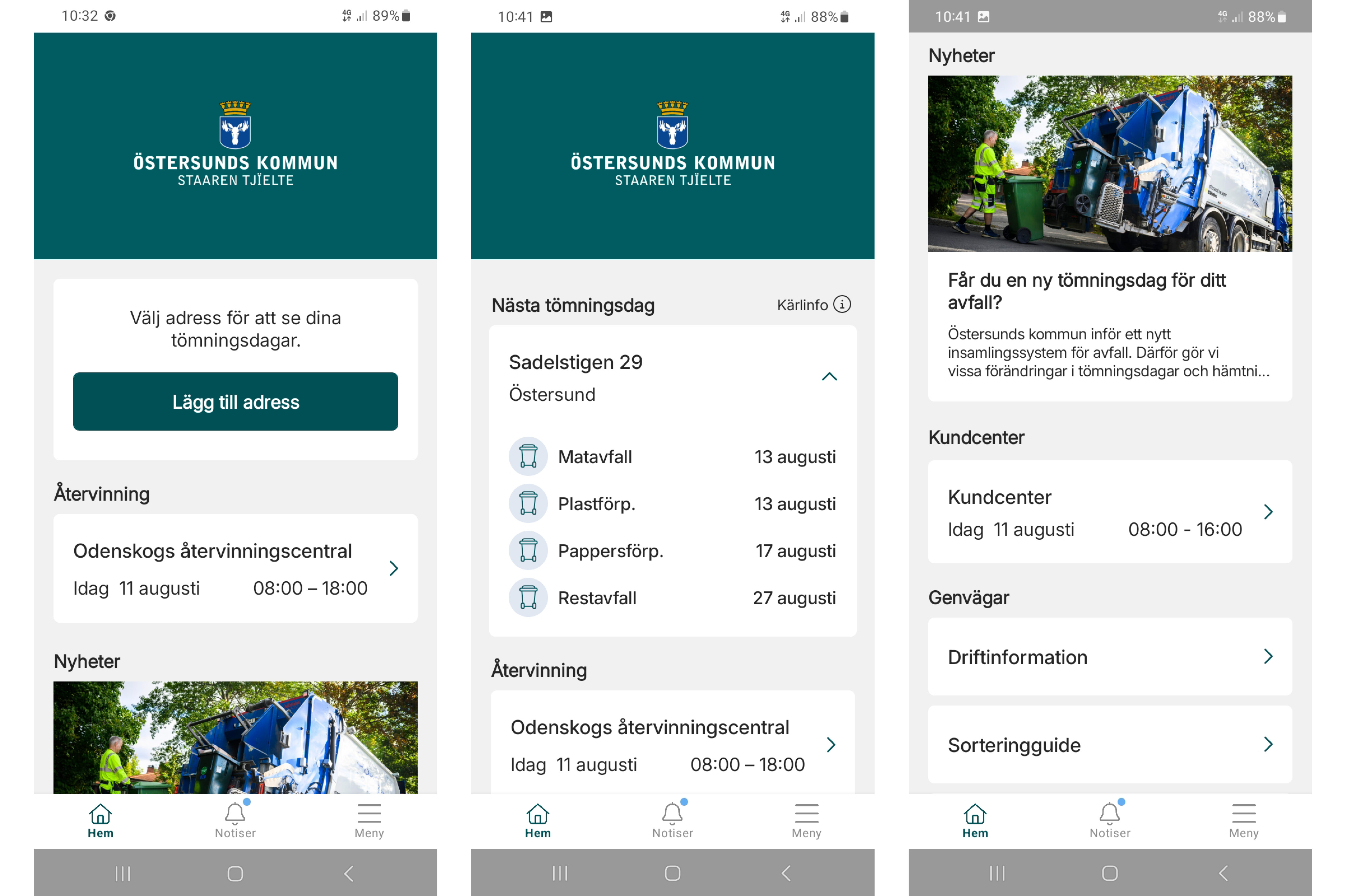 Bilden visar tre olika vyer från Östersunds kommuns avfallsapp