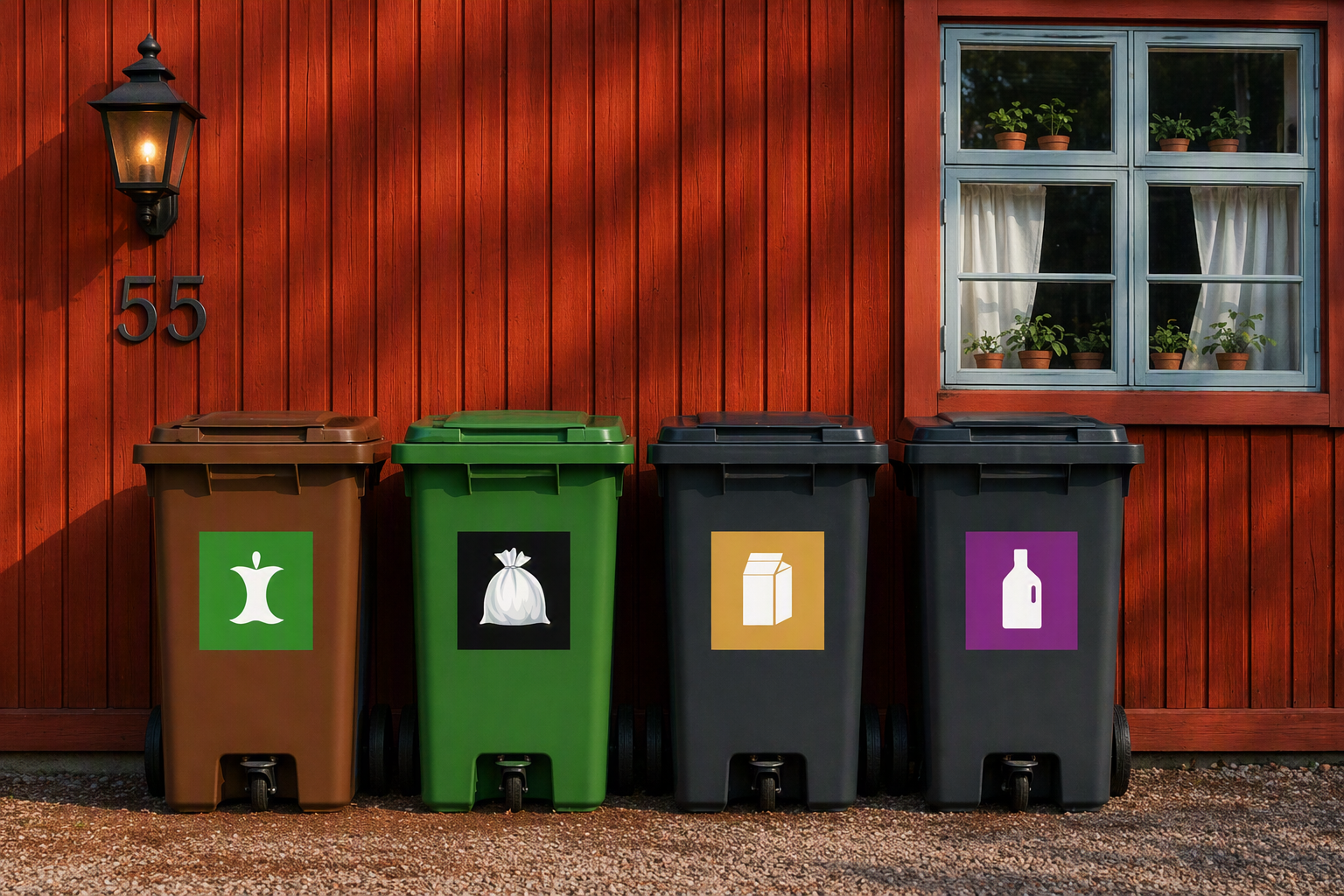 Fyra avfallskärl står mot en röd husvägg