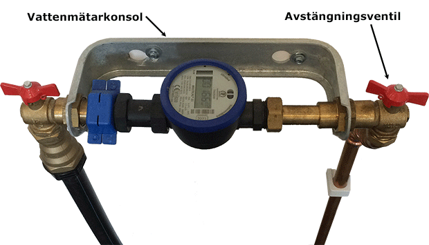 En vattenmätare installerad i konsol och med två avstängningsventiler