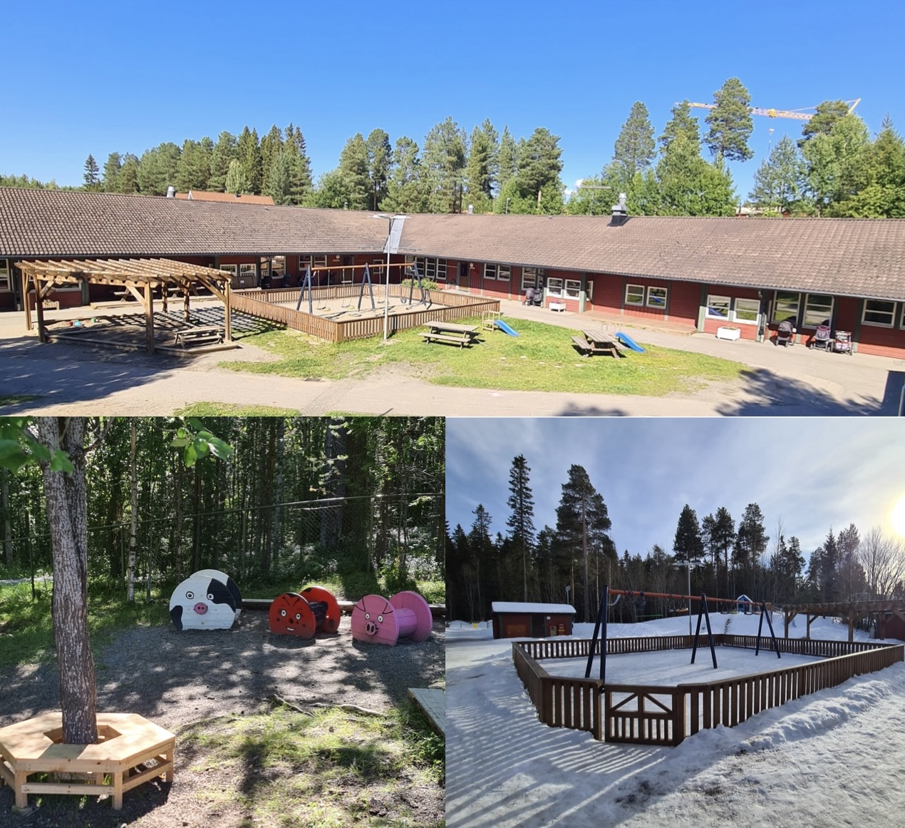 Bildkollage över Förskolan Lillfjällets innergård sommar och vinter