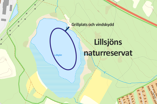 Karta som visar den ungefärliga sträckningen för skridskobanan på Lillsjön