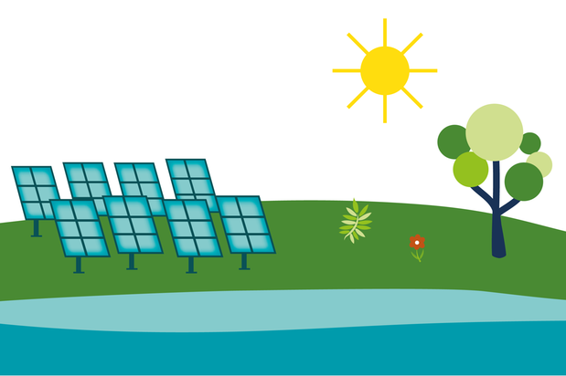 Illustration. Sol som skiner på solpaneler som står på grönt gräs.