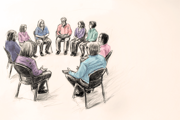 Tecknad bild på samtalsgrupp.