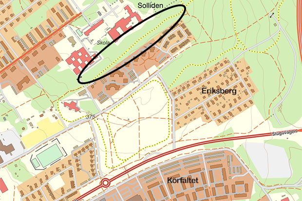 Karta där gångstråket bakom punkthusen vid Remonthagen är markerad
