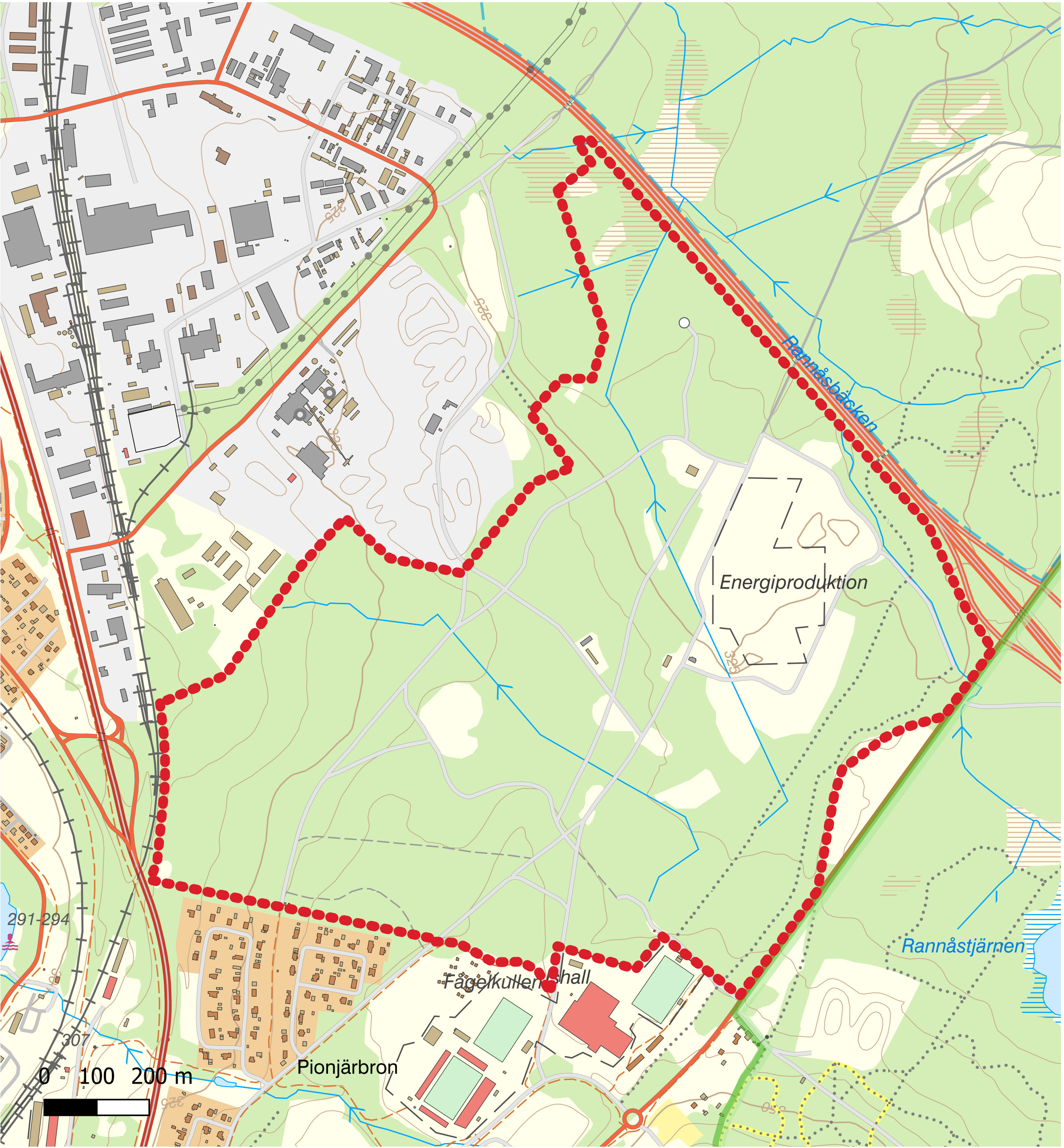 Den röda prickade linjen visar områdets omfattning.