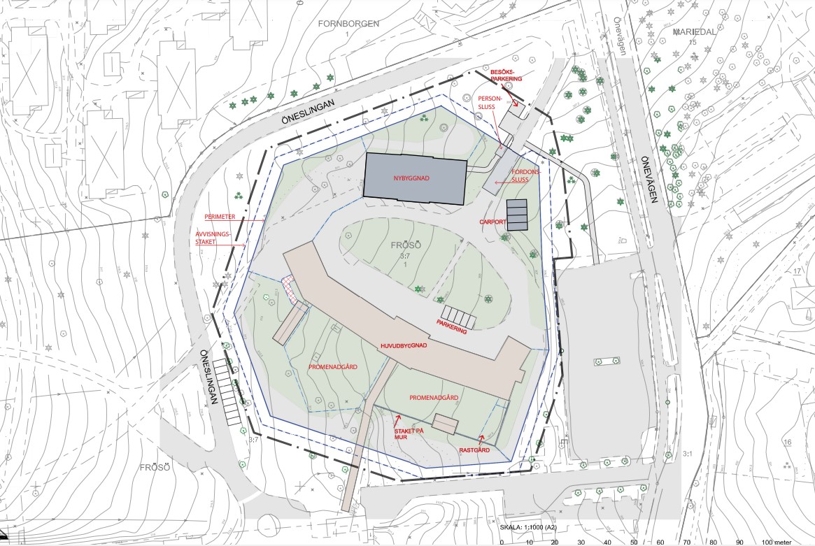 Karta över Frösö 3:7 med de nya byggnaderna inritade.