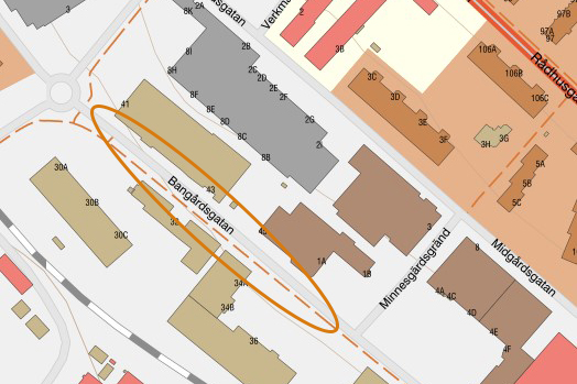 Kartbild där Bangårdsgatan är inringad mellan Nedre Vattugatan och Minnesgärdsgränd