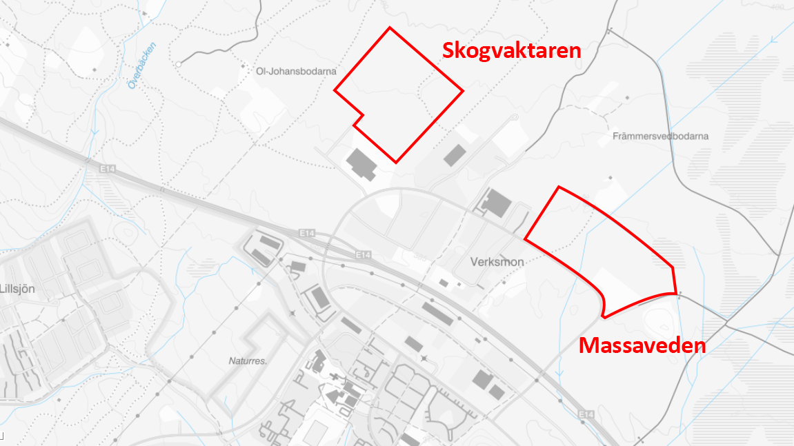 Karta som visar de detaljplanerade områdena Skogsvaktaren och Massaveden