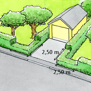 Illustration: En garageinfart med klippt häck