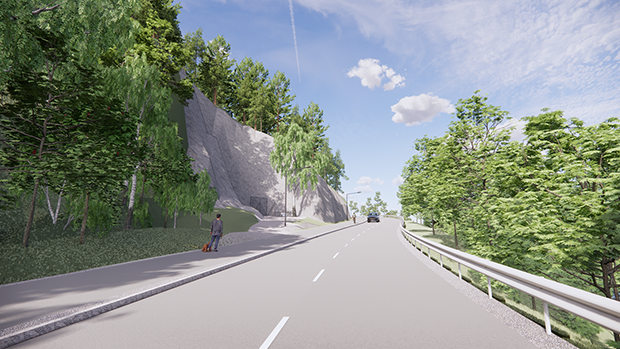 Datoranimerad bild av Bergsgatan med nya gång- och cykelbanan