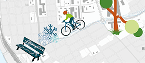 Illustration: en nedklottrad parkbänk, en vintercyklist och en knäckt gren mot en kartbakgrund.