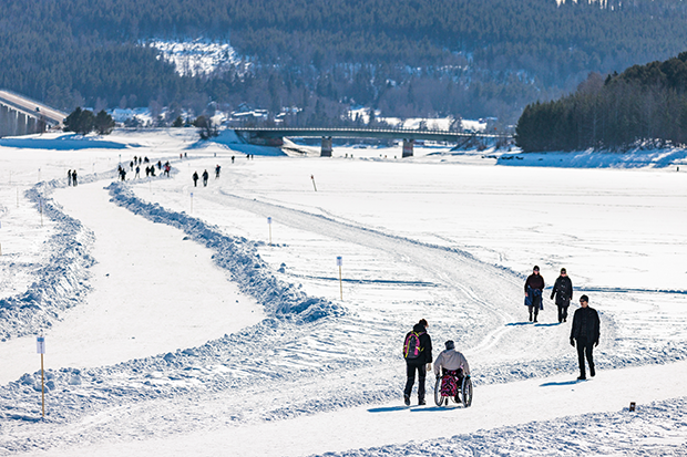 Människor till fots, på skidor och på skridskor på en upplogad bana på Storsjöns is. En rullstolsburen person på isen i förgrunden.