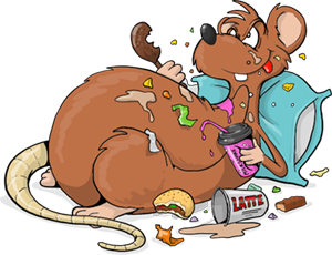 Illustration av en fet råtta med fräck uppsyn som kalasar på kycklingklubba, hamburgare och latteslattar