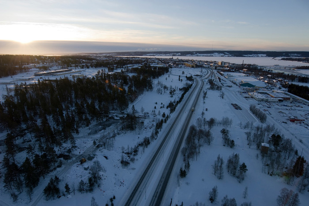 flygfoto över Östersund i lite eftermiddagsmörker