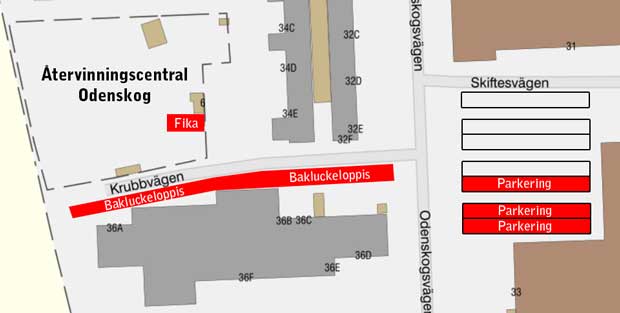 Karta över området för bakluckeloppis bredvid återvinningscentralen i Odenskog