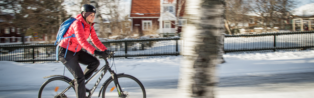 Cyklande kvinna på vinterväglag
