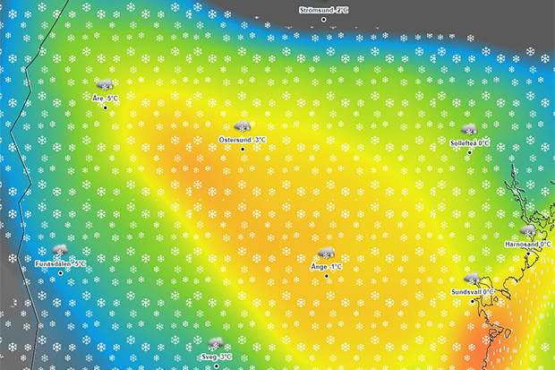 En väderkarta från SMHI som visar det kommande snöovädret