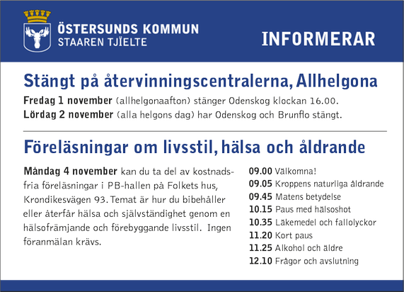 Profilblå list längst upp med kommunens logotyp och rubriken "Informerar". Under listen annonsens innehåll med rubriker och texter.