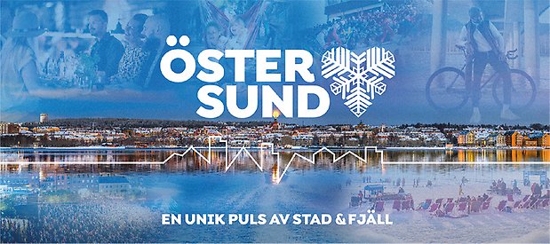 Östersundslogotypen och pulsen i vitt på en bild av Östersund med vatten i förgrunden. Längst ned en slogan: "En unik puls av stad och fjäll".