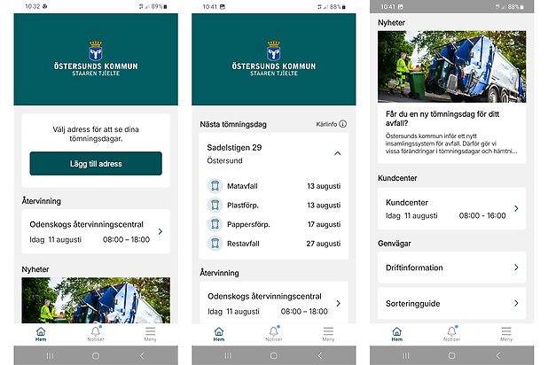 Bilden visar tre vyer från Östersunds kommuns avfallsapp
