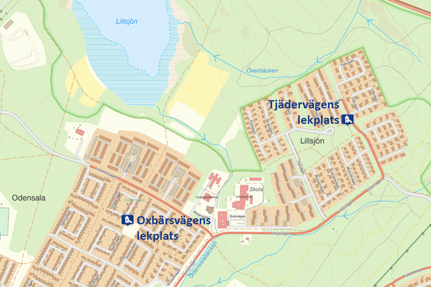 Karta över Odensala där lekplatserna är markerade