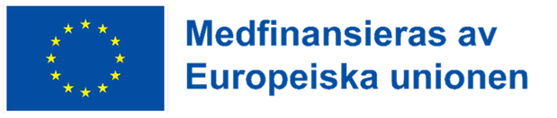 EU-logotyp med blå bakgrund och gula stjärnor. Till höger står texten ”Medfinansieras av Europeiska unionen” i blå färg.