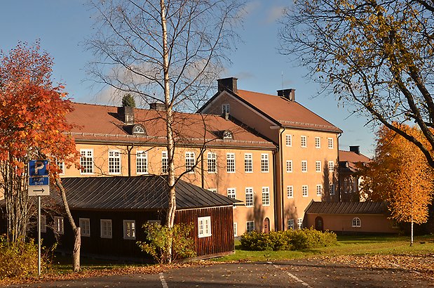 Frösö 3:7.Stor byggnad i brun puts med vita fönster med spröjs.