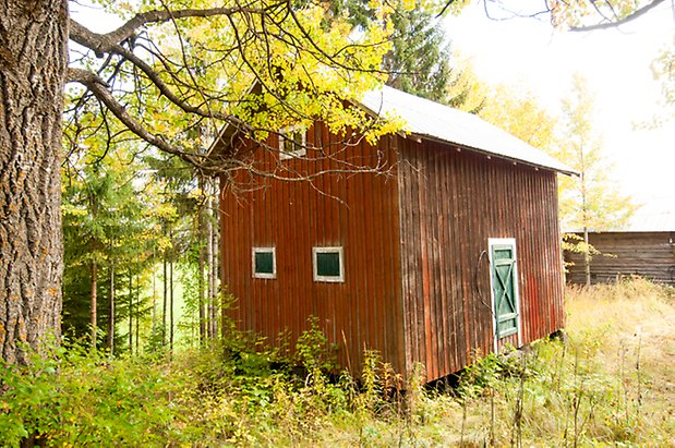 Brevåg 3:3. Byggnad röd panel med grön port och små luckor.