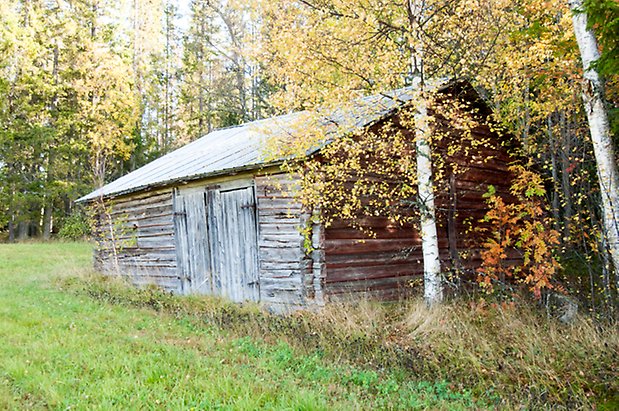 Palleråsen 1:14. Grå timrad byggnad med lucka.