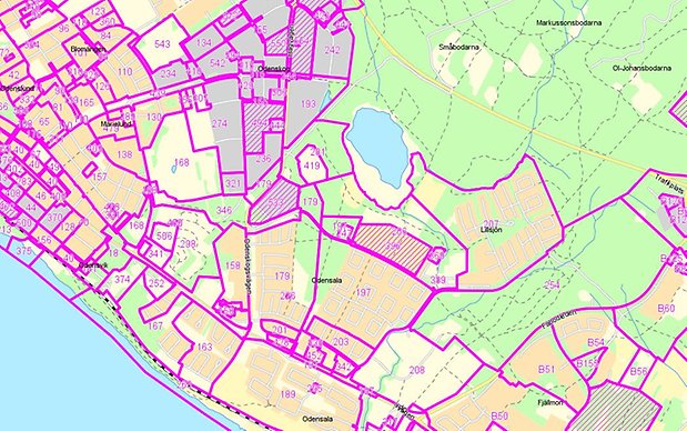 Karta över detaljplaner i Odensala och Odenskog
