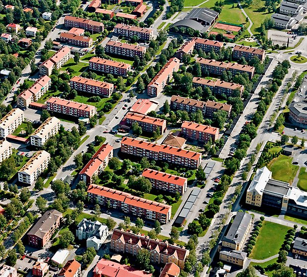 Flygfoto över kvarteret Hinden och Hjorten