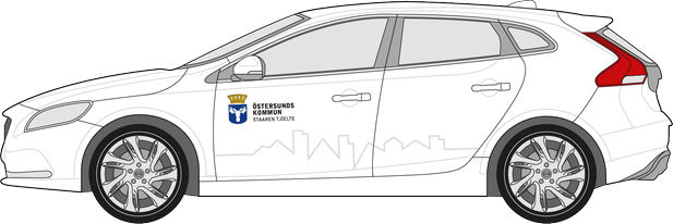Kommunens logotyp placerad på den vänstra framdörren på en vit bil. Under logotypen pulsen i ljust grå placerad över både den främre och bakre dörren.