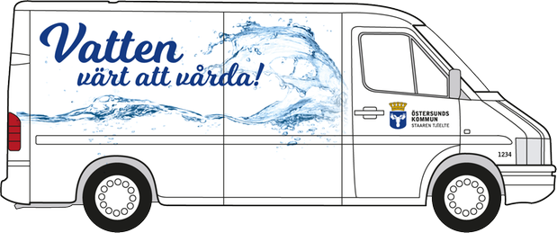 Lätt lastbil med följande slogan placerad på den högra sidan ovanpå en bild med plaskande vatten: "Vatten värt att vårda".