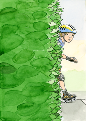 Illustration: Barn på rullskridskor som dyker upp bakom en häck