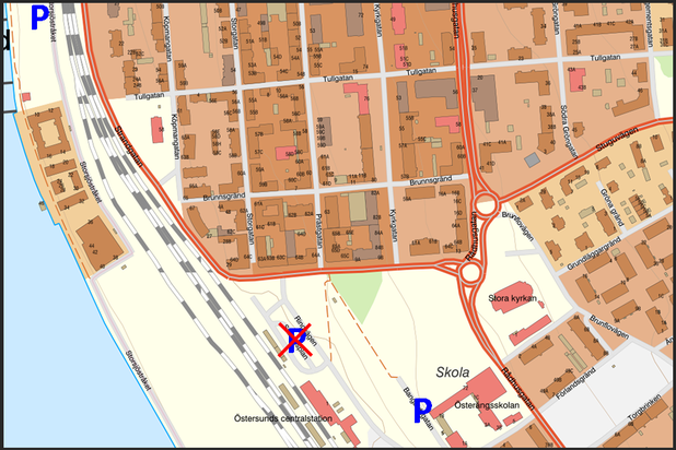 Karta med markeringar för den borttagna långtidsparkeringen, samt parkeringen på Bangårdsgatan.