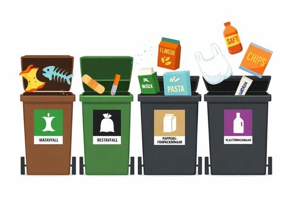 bild på fyra sopkärl i grönt, brunt och två gråa. 