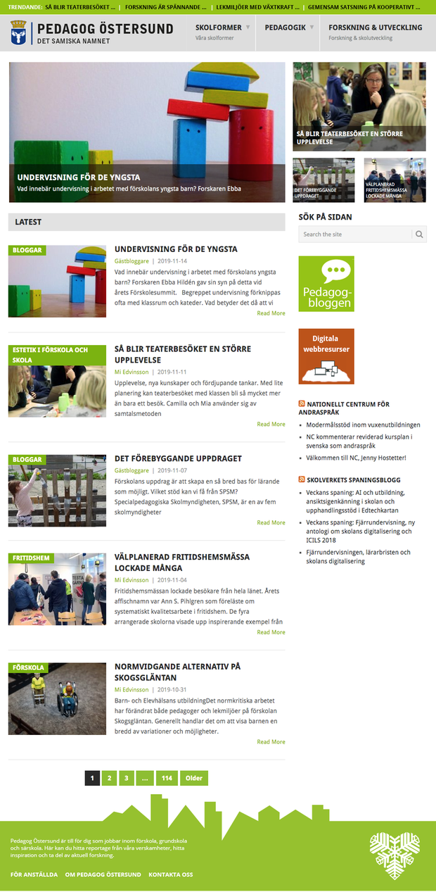 Webbplatsens startsida med en grön list längst upp, logotypen samt silhuetten i botten i grönt med Östersundshjärtat i vitt.