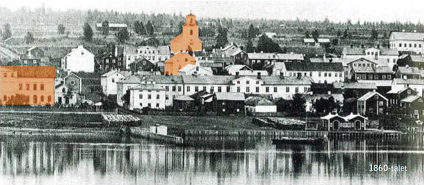 Svartvitt foto på Östersund från Frösön. Tre byggnader är tonade i rött.