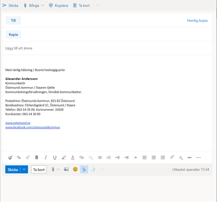 Exempel på en e-postsignatur i ett mejl i Outlook.