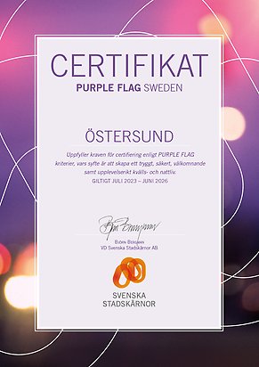 Östersunds certfikat för Purple Flag, underskrivet av Björn Bergman, vd för Svenska Stadskärnor AB.