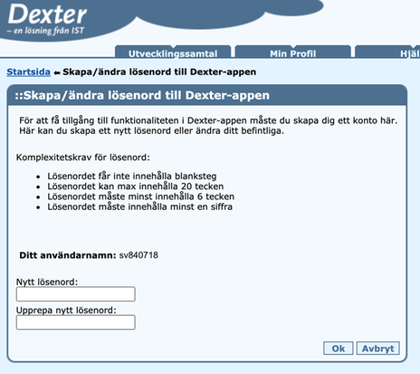 Skärmurklipp som visar hur det ser ut när man skapar eller ändrar lösenord till Dexter-appen