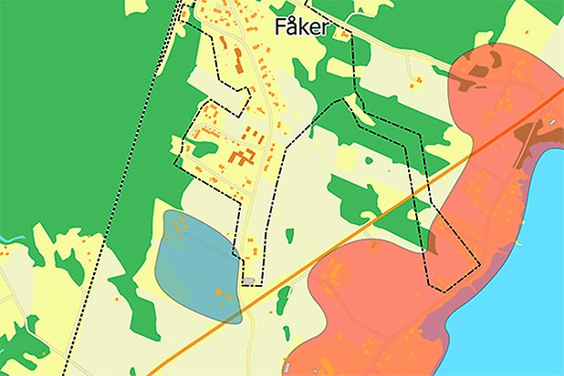 En kartbild med ett blått och rött område för utbyggnad av kommunalt avlopp.